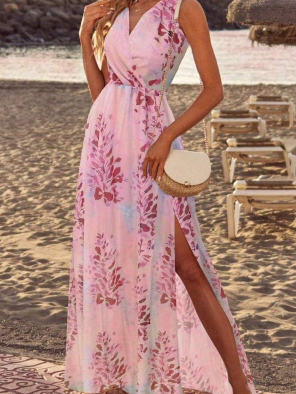 SHEIN Pink Floral Maxi Wrap Dress with Side Slit